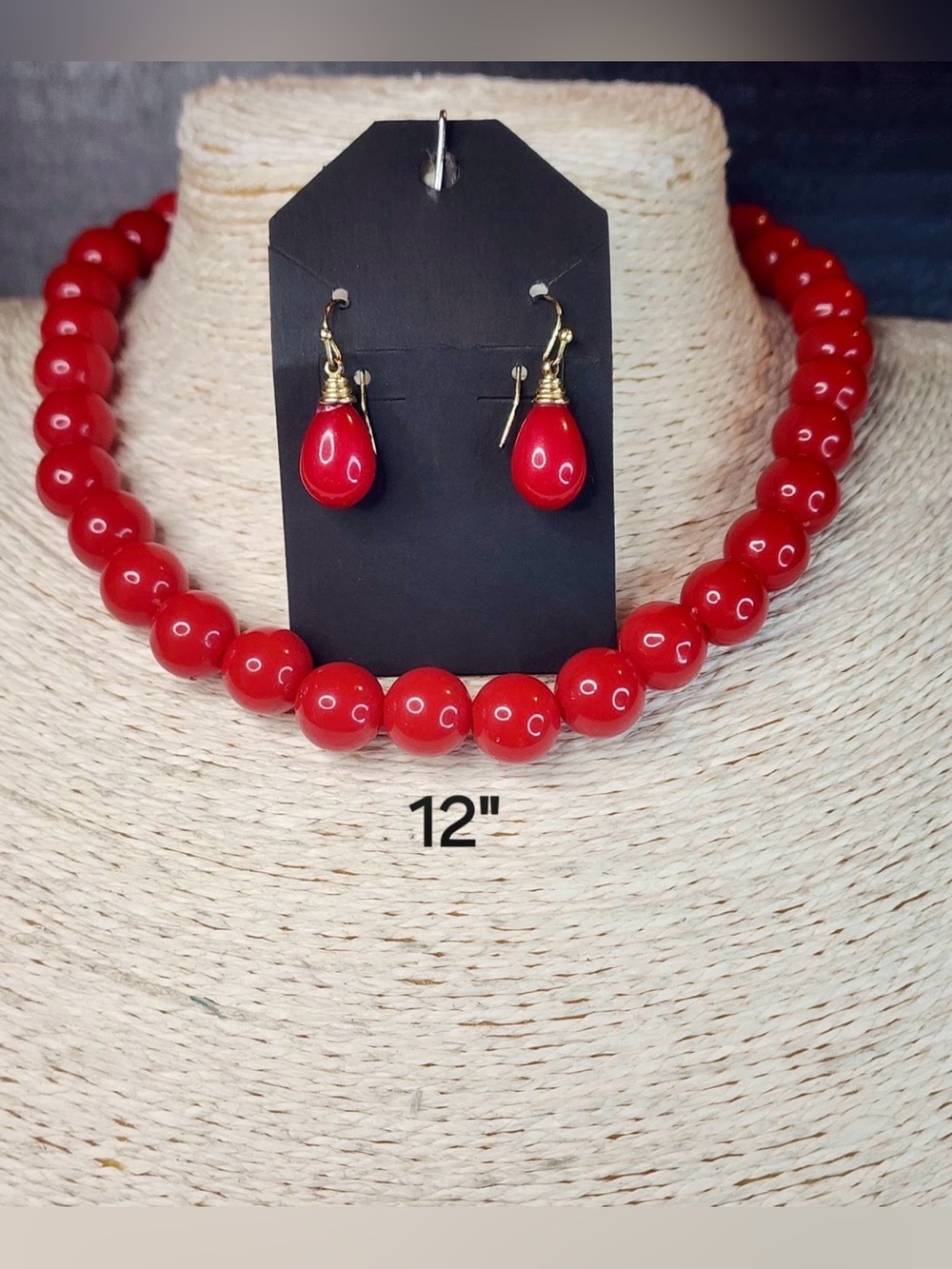 207. Red Beaded Necklace and Drop Earrings Set